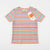 A short-sleeve ribbed knit top with horizontal pastel rainbow stripes, featuring a scalloped ruffle hem and a white hangtag with an orange label, laid flat on a white background.
