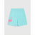 Light aqua blue shorts with a pink flamingo graphic on the left leg, displayed flat against a light gray background.