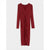 A long-sleeve V-neck midi dress in deep burgundy red, featuring a gathered ruched design down the front center, displayed against a light gray background.