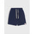 A pair of navy blue athletic shorts with a white drawstring, displayed flat against a light gray background.