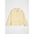 A pale yellow long-sleeve button-up shirt with a pointed collar and eyelet lace detailing along the bottom hem, displayed flat against a light gray background.