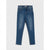 A pair of medium wash blue denim jeans shown flat against a light gray background.
