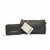 A matching two-piece handbag set consisting of a small zip-around wallet and a larger shoulder bag, both in a dark gray and black monogram pattern with gold-tone hardware and the brand name 'bebe' printed in gold on the front. A white paper tag with the 'bebe' logo is attached to the bag.