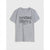 A heather gray short-sleeve t-shirt with a black graphic text print reading 'HUMONE RIGHTS' and 'BENEATH' on the front, displayed flat against a light gray background.