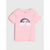 A light pink short-sleeve children's t-shirt with ruffled shoulders and a sequined rainbow graphic on the front, displayed against a light gray background.