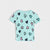 A light blue short-sleeve baby tee with a ruffled hem and cuffs, featuring an all-over pattern of hand-drawn hearts in black, pink, and light blue.