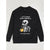 A black crewneck sweatshirt featuring a white skeleton graphic holding a yellow coffee mug, with the text 'LET'S MAKE SOME TROUBLE BUT FIRST COFFEE' printed on the front.