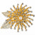 A gold-toned brooch shaped like a stylized flower with radiating leaf-like points, embellished with clear rhinestones and a central pearl, shown on a plain white background.