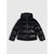 A shiny black hooded puffer jacket with horizontal quilting, displayed flat against a light gray background.