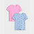 Two short-sleeve ribbed baby tee shirts with scalloped edges, one in solid pink and the other in light blue with a small pink cherry print, displayed on a light gray background.