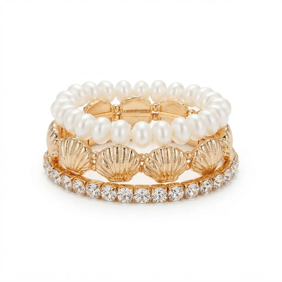 Sd Women's Gold, Faux Pearl, And Rhinestone 3-pc Stretch Bracelet
