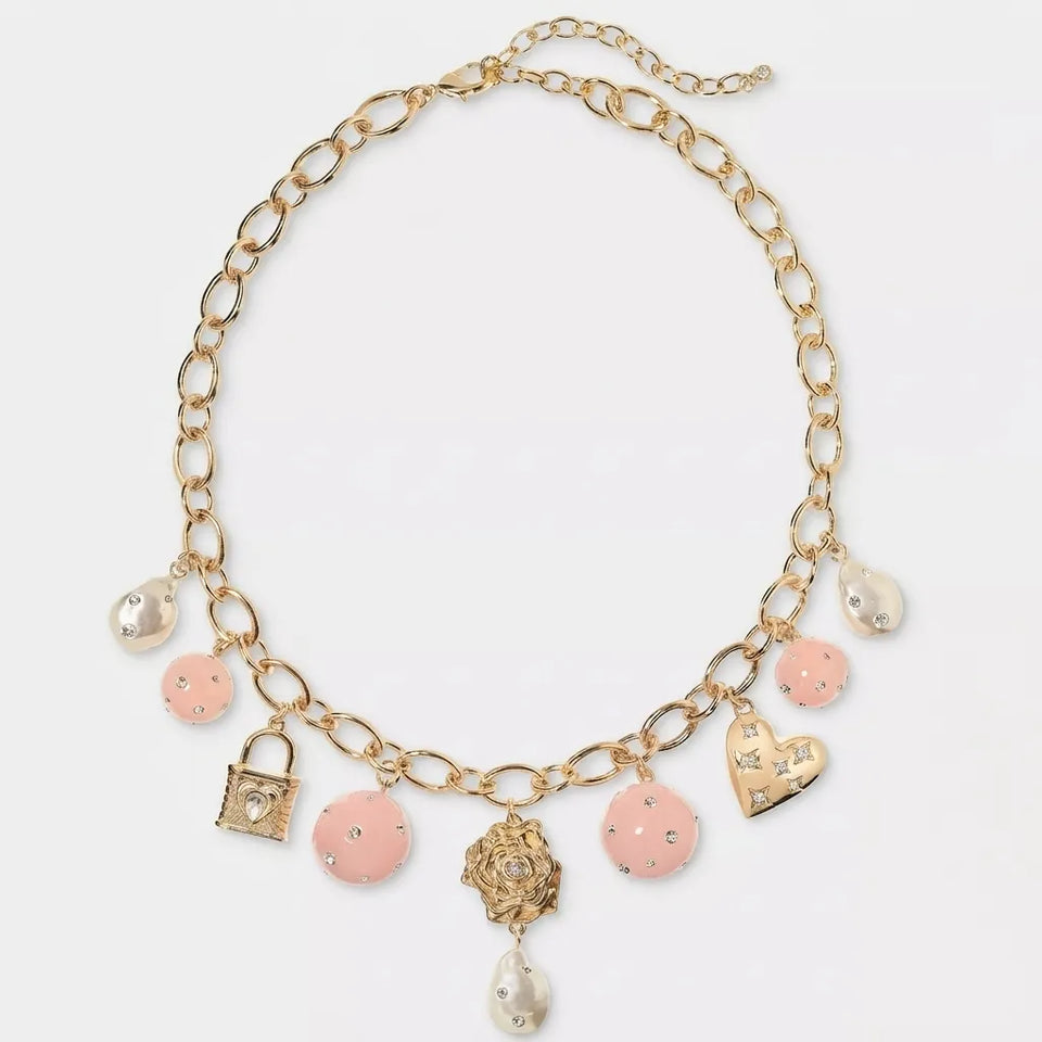On 34th Women's Pavรฉ, Bead & Imitation Pearl Charm Necklace, 16" + 3" extender
