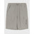 A pair of light gray cargo shorts with an elastic waistband, side pockets, and flap cargo pockets on the thighs, shown flat against a light gray background.