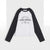 A long-sleeve raglan shirt with a white body and black sleeves, featuring a black graphic print on the front that reads 'CHILL OUT GOOD THINGS' with smaller text and a circular logo.