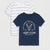 Two children's short-sleeve T-shirts shown on a light gray background: one navy blue shirt with a white 'SURF CLUB' graphic and one white shirt with thin navy horizontal stripes.