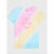 A pastel tie-dye t-shirt with a diagonal pattern of pink, yellow, and light blue, featuring the text 'FUN IN THE SUN' in pink on the chest and a fringed hem.
