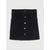 A black corduroy mini skirt with a button-up front and heart-shaped patch pockets on the sides, shown flat against a light gray background.