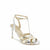 A single metallic gold and silver snakeskin-patterned high-heeled sandal with an ankle strap and T-strap, shown on a plain white background.