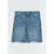 Light blue denim shorts with a distressed design and raw frayed hems, displayed flat against a light gray background.