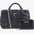 A black woven leather handbag with a top handle, gold chain strap, and a matching zip-around wallet, both featuring the 'bebe' logo in gold-tone lettering, set against a plain white background.