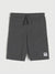 Dark gray heathered sweatshirt shorts with an elastic drawstring waistband and a small white brand patch on the lower left leg, shown flat on a light gray background.