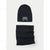 A black knit beanie and matching neck gaiter set laid flat on a light gray background. The beanie features a small embroidered blue and gray game controller motif on the front.