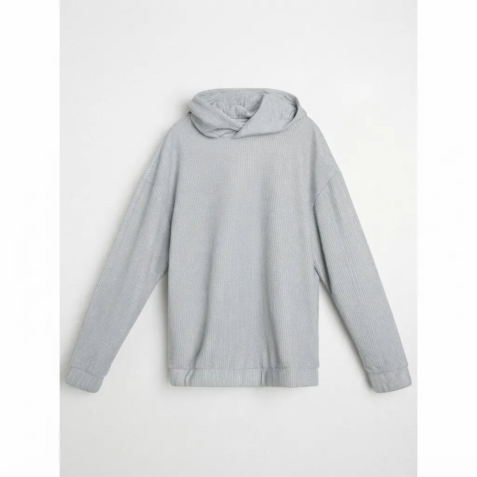 A light gray ribbed knit hoodie sweatshirt with a wide draped hood and long sleeves, displayed flat against a light gray background.