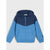 A colorblock zip-up hoodie for kids, featuring a navy blue upper section and hood, and a bright blue lower body and sleeves, shown against a light gray background.