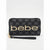 A black zip-around wallet with a monogram pattern and a wristlet strap, featuring the name 'bebe' in large gold lettering on the front.