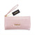 A light pink Bebe wallet with a wristlet strap, gold-tone logo hardware, and a black brand tag, shown on a plain white background.