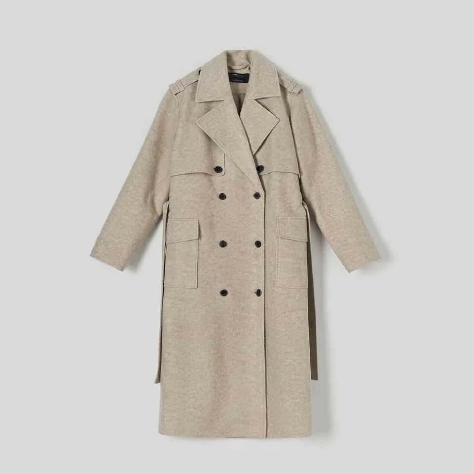 Sinsay Women's Beige Double-Breasted Long Coat