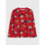 A red long-sleeve crewneck sweatshirt featuring an all-over print of Disney characters including Mickey Mouse, Donald Duck, Goofy, Pluto, and Daisy Duck, displayed flat against a light gray background.