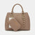 A beige and brown patterned handbag set with a matching wallet and pouch, featuring gold-tone hardware and the brand name 'bebe' on the bag and wallet.