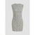 A sleeveless bodycon mini dress with an all-over black polka dot pattern on a white background, shown against a solid light gray backdrop.