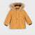 A mustard yellow children's parka jacket with a faux fur trimmed hood, shown flat against a light gray background.