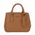 A tan faux-leather handbag with a studded ostrich pattern, featuring dual top handles, a front hanging tag, and the brand name 'bebe' printed in black on the front.