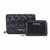 A black woven leather clutch bag with a matching zip-around wallet, both featuring gold-tone hardware and the 'bebe' logo, set against a plain white background.