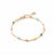 A delicate gold chain bracelet featuring small, colorful heart charms in pink, red, blue, yellow, and black, displayed on a clean white background.