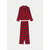 A two-piece children's pajama set featuring a long-sleeve collared top and matching pants in a red tartan plaid pattern with black and thin yellow stripes, displayed flat against a light gray background.