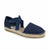 A single navy blue espadrille sandal with a textured, rhinestone-embellished toe cap and a braided jute sole, shown on a plain white background.