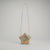 A star-shaped shoulder bag with a beige woven leather frame, a long thin strap, and a glittery gold and gray interior, shown against a neutral light gray background.