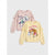 Two children's long-sleeve sweatshirts with ruffled sleeves, shown overlapping on a light gray background. The top sweatshirt is light pink with a white cartoon dog graphic and the text 'Just be KIND'.