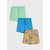 Three pairs of children's drawstring shorts in different colors and patterns, displayed on a light gray background. The top pair is mint green, the middle is bright blue, and the bottom is beige with a colorful dinosaur print.