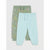 Two pairs of children's jogger pants laid flat on a light gray background. The front pair is a solid pale mint blue, and the pair behind it is sage green with a multicolor abstract line pattern.