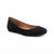 A single black suede ballet flat shoe with a tan interior lining, shown from a side profile on a clean white background.