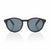 Black round sunglasses with dark gray lenses, shown from the front on a white reflective surface.