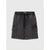 Black washed denim cargo shorts with an elastic drawstring waist, displayed flat against a light gray background.