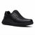 A black leather low-top athletic shoe with black laces and a thick black sole, shown from a three-quarters angle on a white background.