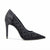A single black pointed-toe high heel pump with a textured upper featuring small heart-shaped cutouts, shown from a side profile on a white background.