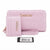 A light pink quilted wallet set from Bebe Los Angeles, featuring a zip-around wallet, a matching card holder, and a wristlet strap, with the brand name 'bebe' in gold-tone lettering. A black retail hangtag is placed in front on a clean white background.